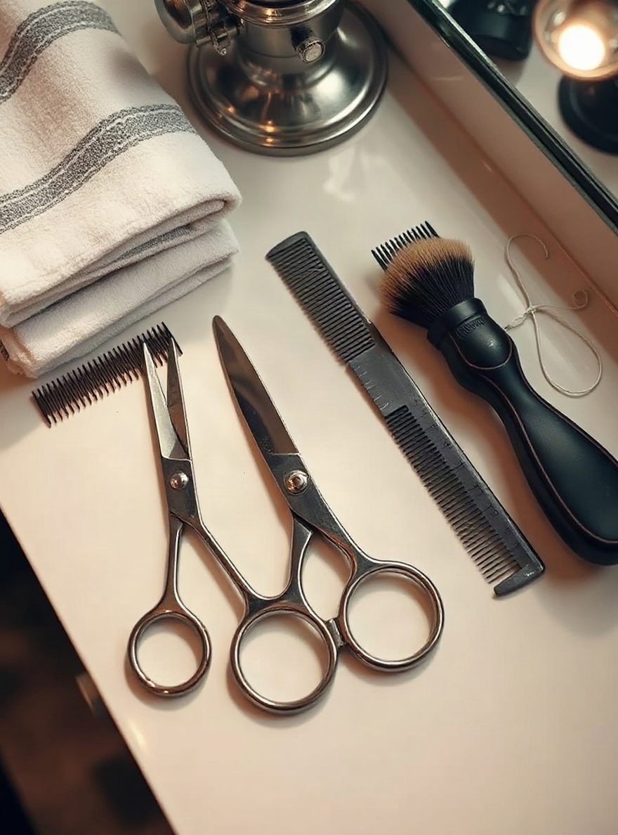 Scissors, a comb, a brush and a folded towel laid out at a barber's station