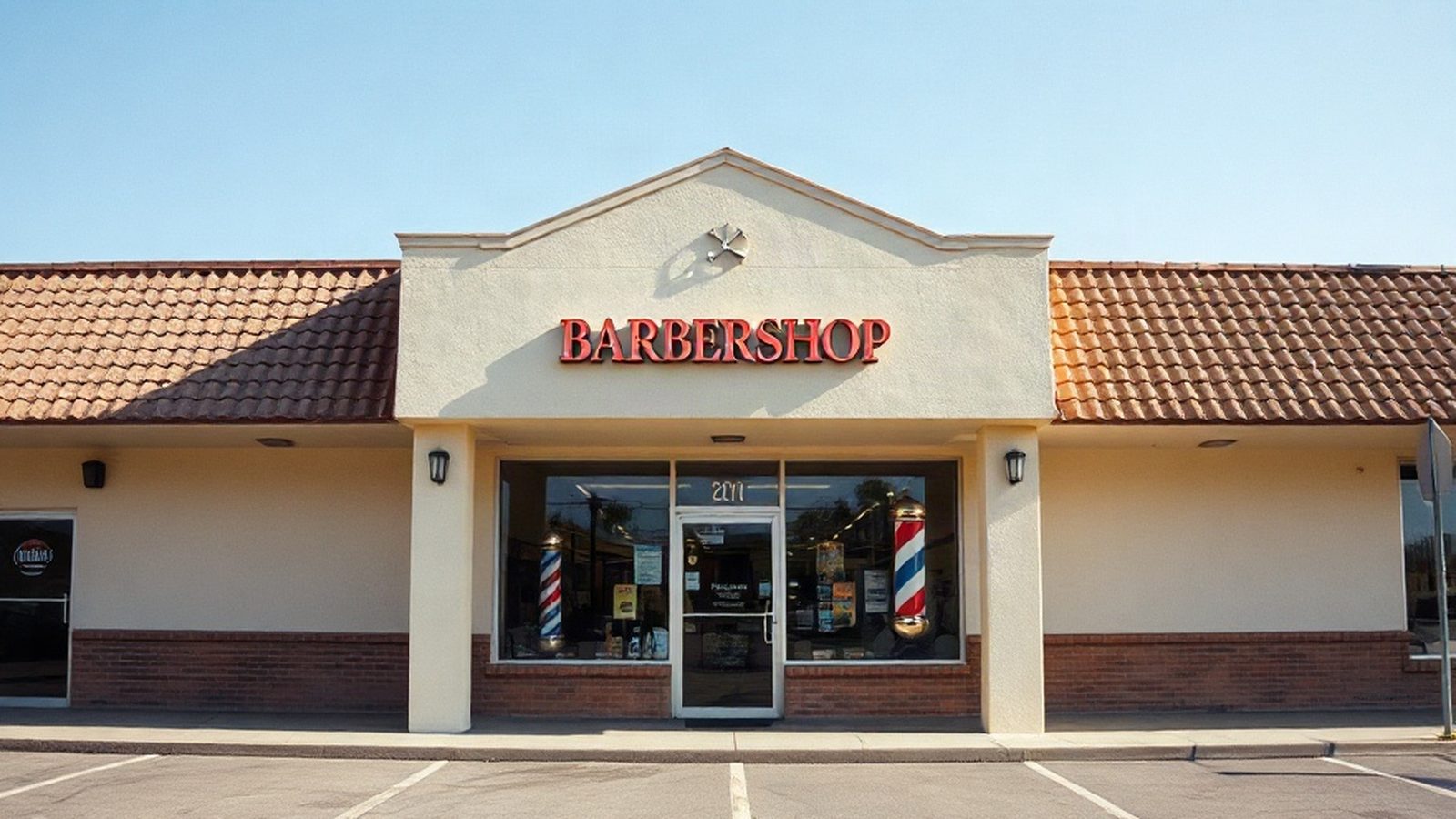 A strip-mall storefront sign: red BARBERSHOP channel letters flanked by two barber poles